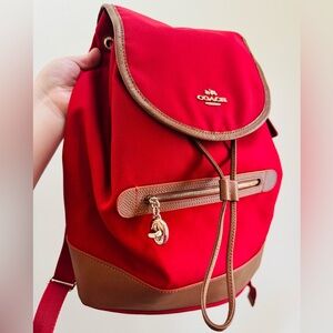 Coach Sawyer Cherry Red Canvas Backpack with Tan Leather Accents